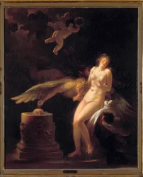 Rosens offer. En nøgen ung kvinde foran et offeralter, hvorpå der ligger en rose (hendes jomfruelighed?) og et vinget væsen. Maleri af Jean Honoré Fragonard (1732-1806). 18. århundrede. Privat samling