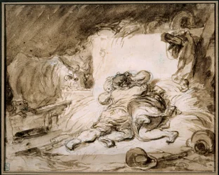 Stalden Et par omfavner på en høstak. Tegning i vask af Jean Honore Fragonard (1732-1806) Paris. Musee Cognacq Jay
