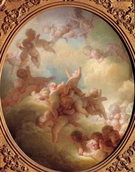 Sværmen af Love Group i skyerne. Maleri af Jean Honore Fragonard (1732-1806) 1700-tallet søn. 0,56x0,65 m Paris musee du Louvre