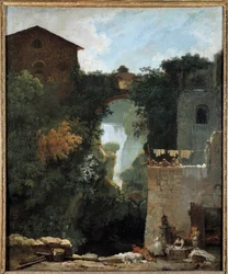 Vandfaldene i Tivoli Des lavandieres i et landskab af vandfald. Maleri af Jean-Honore Fragonard (1732-1806) 1700-tallet søn. 0,72x0,6 m.