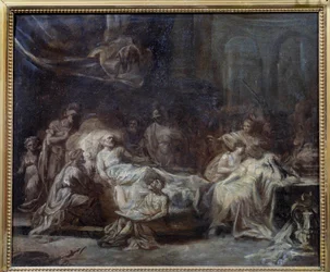 Testamentet Familie genforenet omkring en gammel mand med smerte, der dikterede hans vilje. Forberedelsestegning af Jean Baptiste Fragonard (1732-1806) Reims 1700-tallet, Musee des Beaux Arts