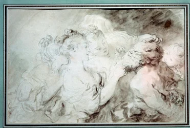 Unge piger, der kæmper med en satyr Unge kvinder, der hygger sig med et satyrskæg. Tegning i Bistre Wash af Jean Honore Fragonard (1732-1806) 1700-tallets privatsamling
