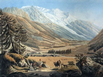Udsigt over Chamonix-dalen fra landsbyen Argentiere af Jean Daniel Huber under en rejse ca. 1785 (kobberstik)