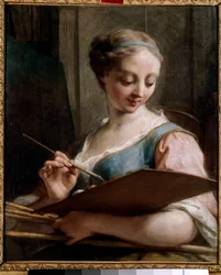 Allegori af maleri En ung kvinde holder en palet. Maleri af Jean Restout (1692-1768) 1700-tallet søn. 0,54x0,45 m Saint Quentin, Musee Lecuyer