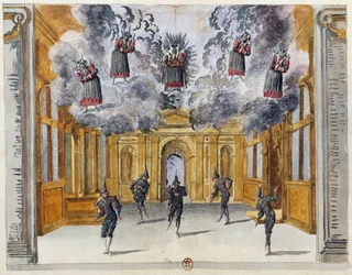 Scenografi af Jean Berain den Ældre (1640-1711) til Le feste di Amore e di Bacco (Kærlighedens fejringer og Bacchus), ballet af Jean-Baptiste Lully (1632-1687), opført i Palais-Royal i Paris, 15. november
