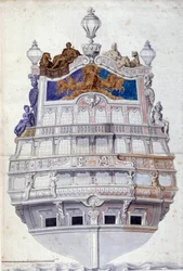 Dekoration af skibets agterstavn Le Soleil Royal”” Akvarel af Jean I Berain (1640-1711) Søn. 0,6x0,4 m Paris, Musée du Louvre