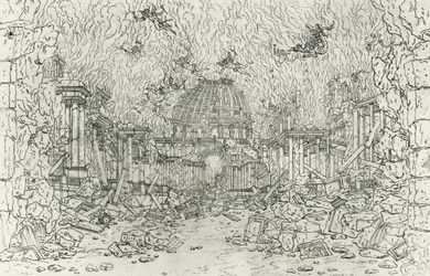 Ødelæggelse af bygningen, skitse af Jean Berain (1640-1711), for Armide, af Jean-Baptiste Lully (1632-1687), Frankrig
