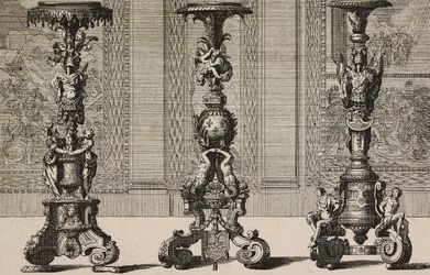 Store bronze lysestager, gravering af Jean Berain (1640-1711) fra L
