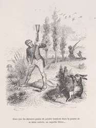 Mens de sidste krudtkorn falder ned i håndfladen på hans sværtede hånd, en prægtig hare... fr..., 1843.