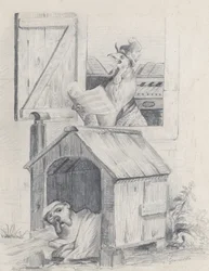 Hund i hundehus, hane galer ved vinduet, ca. 1842.