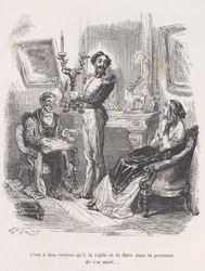 Det er godt, at han lokker og smigrer hende foran hendes mand. fra den lille miseri..., 1843.