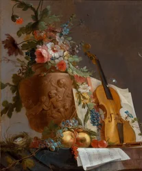 Stilleben med blomster og en violin