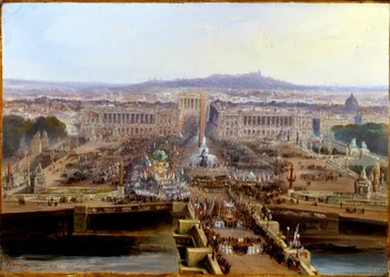 Revolution af 1848: Concord fest den 21. maj 1848, afgang fra Place de la Concorde af arbejderselskaber, der går til Champs de Mars. Maleri på marouflepapir af Jean Jacques Champin (1796-1860) 1848 Dim. 0,31 x 0,44 m. Paris, Musée Carnavalet