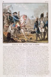 The Taking of Berg-op-Zoom, Holland, 1747, indgraveret af Jean Baptiste Morret (fl.1790-1820), 1787