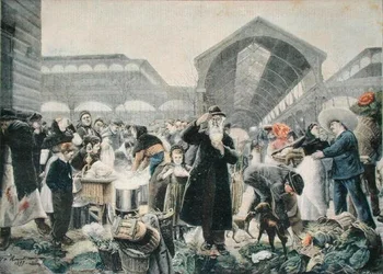 Suppebod på Les Halles-markedet om morgenen, illustration fra Le Petit Journal, 2. marts 1897, graveret af Fortune-Louis Meaulle (1844-1901)