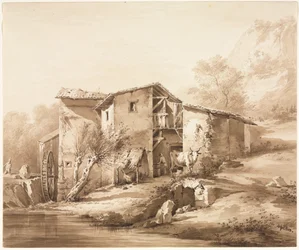 Landskab med vandmølle, ca 1790.
