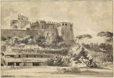 Udsigt over en italiensk villa og haver (Vatikanets Belvedere)