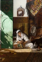 Interiør i et harem i Marokko, detalje: kvinde spiller derbouka
