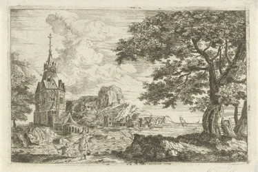 Fiskere ved en kirke ved en kyst