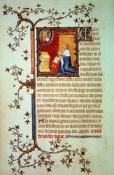Hertug Johan I af Berry (1340-1416) beder foran Gud, som velsigner ham. Miniature fra manuskriptet (Ms. lat. 18014) “Johan af Berrys små tidebønner”, illumineret af Jean le Noir, omkring 1375. Paris, B.N.