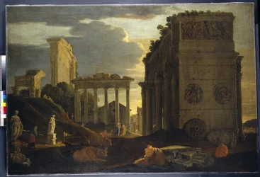 Capriccio-udsigt med figurer ved en triumfbue og templerne for Saturn og Jupiter Tonans (olie på lærred)