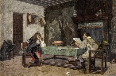 Samarbejde mellem Jean Baptiste Moliere og Pierre Corneille Fransk dramatis - "" Forfatterne Jean-Baptiste (Jean Baptiste) Poquelin dit Moliere (1622-1673) og Pierre Corneille (1606-1684)"" gravering efter maleriet af Jean-Leon (Jean) Leon) Gerome