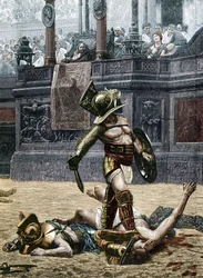 Gladiatorer i den romerske arena. Tilskuere advarer vinderen mod at skåne sin besejrede modstander og opfordrer ham til at dræbe ham. Stik efter en detalje af maleriet af Jean Léon Gérôme (1824-1904)