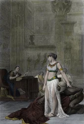 Dronningen af Egypten Kleopatra VII Thea Philopator (69-30 f.Kr.) og Julius Cæsar (100-44 f.Kr.) - Kleopatra foran Julius Cæsar i Shakespeares skuespil Antonius og Kleopatra, efter maleriet af Jean Léon Gérôme