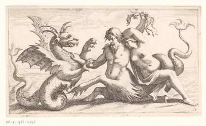 Triton med kvinde, der kæmper mod et havmonster