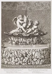 Springvand med to amoriner, der rider på en krebs, designet af Jacques Houseau, i Versailles, 1677