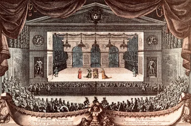 "Le malade imaginaire" (Den imaginære invalid) af Jean Baptiste Poquelin dit Moliere i Versailles (farvet gravering)