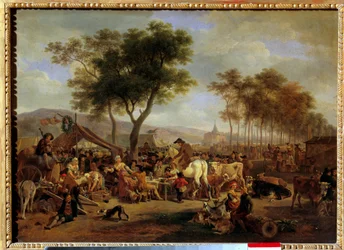 Messe ved indgangen til en landsby Scene med mad og handel på en landsbymesse. Maleri af Jean-Louis Demarne (1744-1829) søn. 036x0,5 m