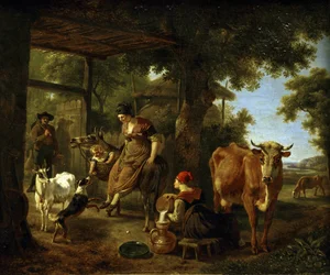 På gården. En scene fra livet på landet af Demarne, Jean-Louis (Jean Louis de Marne ou de Marnette) (ca. 1752-1829). Olie på lærred, anden halvdel af det 18. århundrede, State A. Radishchev Art Museum, Saratov
