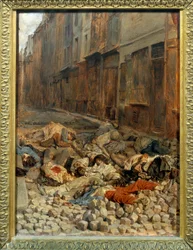 Revolutionen i 1848: «Barrikaden i Rue de la Mortellerie i juni 1848 eller minde om borgerkrigen», 1848, 0,29 x 0,22 m, Paris, Louvre-museet