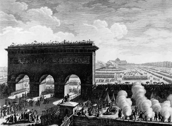 Fransk revolution: Forbundets fest den 14. juli 1790 på Champs de Mars i Paris. Stik af Berthaut efter Prior. Paris, bibliotek for Institut for Revolutionshistorie