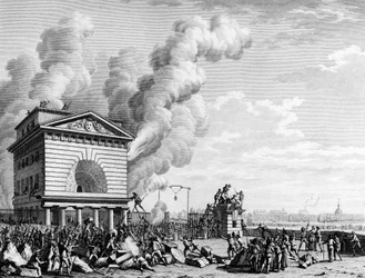 Den Franske Revolution: Branden på Konferencebarrieren i Paris den 12. juli 1789. Stik af Berthaut efter Prieur. Paris, biblioteket ved Institut d’histoire de la révolution.