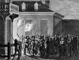Franske revolution: Paris vagt af folket natten mellem 12. og 13. juli 1789. Indgravering af Berthaut efter Prior. Paris, bibliotek for Institut for Revolutionshistorie