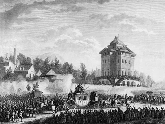 Den Franske Revolution: Den kongelige families tilbagevenden efter arrestationen i Varennes den 20. og 21. juni 1791: Kong Ludvig 16. og Marie Antoinette blev ført tilbage til Paris den 25. juni 1791. Gravure efter en tegning af Prieur. Paris