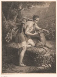 Dianas nymfe tager en pil fra halsen på en hjort La Nymphe de Diane (titel på objekt)