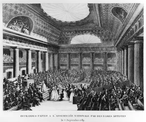 Gaver overrakt til Nationalforsamlingen i Salle des Menus-Plaisirs ved kvindelige kunstnere, 7. september 1789, graveret af Pierre Gabriel Berthault (1737-1831)