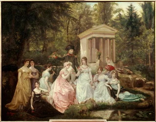 Rosen fra Malmaison: kejserinde Joséphine de Beauharnais og kejser Napoleon Bonaparte med sine hofdamer, maleri, 0,71 x 0,92 m, Malmaison, slotsmuseet