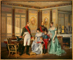 Kejserinde Joséphine de Beauharnais (1763-1814) modtager zar Alexander I (1777-1825), som hun anbefaler sine børn til, i maj 1814. Kejserinden er omgivet af Eugène Rose de Beauharnais, kaldet prins Eugène (1781-1824), Hortense de Beauharnais (1783)