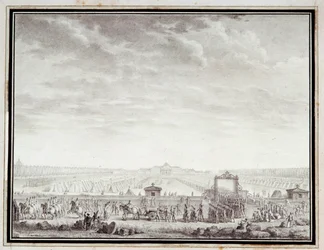 Fransk revolution: "" Les troupes du Champ-de-Mars afgang til Place Louis XV: 12 juillet 1789"" Tegning i blæk og vask af Jean-Louis Prieur (1759-1795) 1700-tallet. Svag. 0,17x0,23 m. Paris, Musée Carnavalet