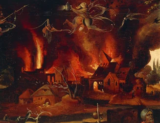 Sankt Anthonys fristelse, detaljer, der viser byen i flammer og dæmoner, af Jan Mandyn (1500-1560).