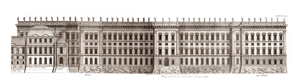 Louvre i Paris, projekt af Gian Lorenzo Bernini: elevation af hovedfacaden mod Seinen - Fra "" Architecture francoise"" af Jacques-Francois Blondel - elevation de la principale facade cote Seine - projekt af Bernin - gravering af Jean Marot