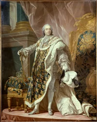 Portræt i foden af Ludvig XV (1710-1774) i hellig dragt, konge af Frankrig. Maleri af Jean Martial Fredou (1710-1774) efter Louis Michel van Loo (1707-1771) 1761 Dim. 2,77x1,95 m - Portræt i fuld længde af Louis XV (1710-1774), konge af Frankrig, i coronat