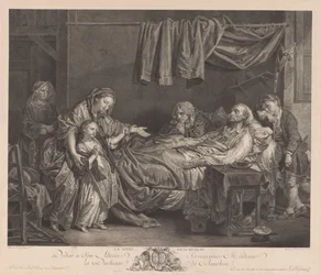 Familie omkring en syge seng La Dame Bienfaisante (titel på objektet)