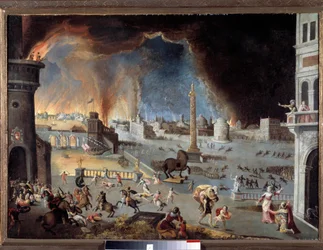 Trojas erobring - Scene fra den trojanske krig, byen hærges af grækerne, som trængte ind i byen takket være hesten. Maleri af Jean Maublanc (1582-1628). 17. århundrede. Besançon, Museum for Skønne Kunster - Trojas fald - Scene fra den trojanske krig