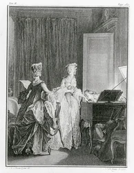 Cembalo, illustration fra "La Nouvelle-Heloise" af Jean-Jacques Rousseau (1712-78), graveret af Noel Le Mire (1724-1800) (se også 208105)
