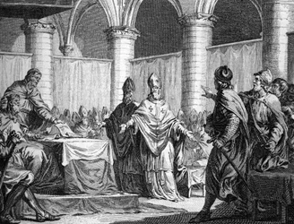 Oprettelse af kirkelig tiende af Pépin le Brief og Carloman (743). Stik efter Moreau det unge 1700-tals stik. Privat samling.